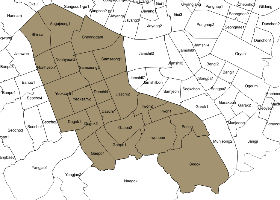 \label{fig:figs} Census tracts(Dong) in Gangnam