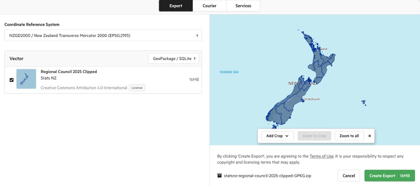 Export dialog showing CRS set to NZGD2000 / NZTM 2000 EPSG:2193, format GeoPackage/SQLite, and the layer checkbox ticked