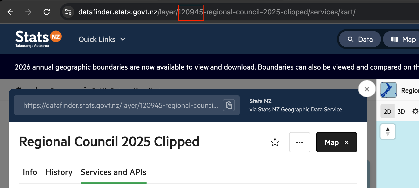 Annotated layer page showing Layer ID 120945 circled in the URL and highlighted in the Info tab metadata row