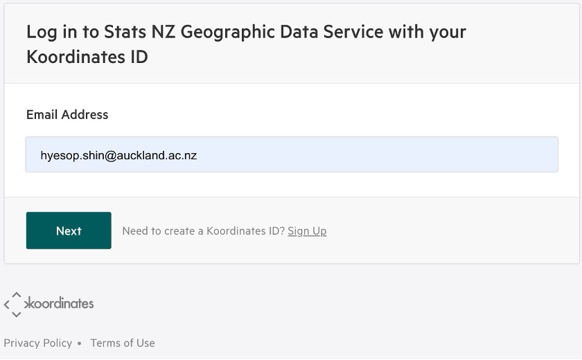 Login page for Stats NZ Geographic Data Service showing email input and Next button