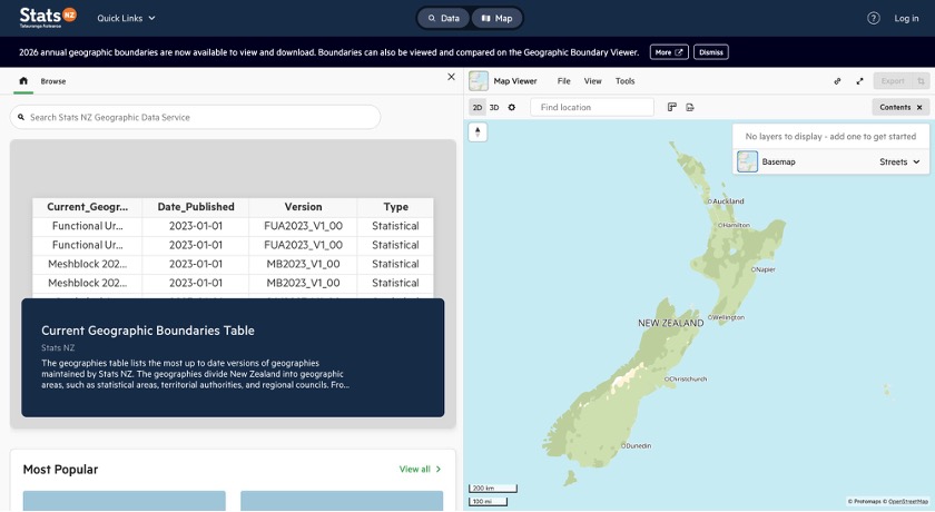 Stats NZ Geographic Data Service homepage showing search bar, a data table, and a map of New Zealand