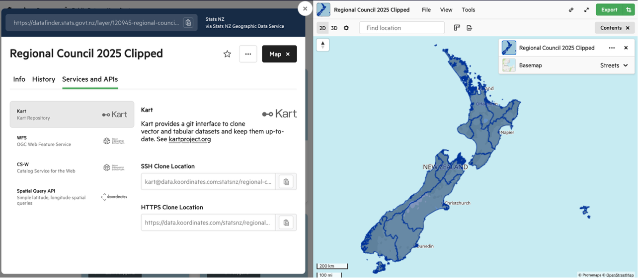 Services and APIs tab showing Kart, WFS, CS-W, and Spatial Query API options on the left, with WFS endpoint URL on the right